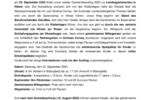 Informationen zum Gemeindeausflug zur Landesgartenschau in Höxter